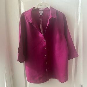 Chicos Linen No Iron Fushia Button Front 3/4 Sleeve Shirt Size Chicos size 2